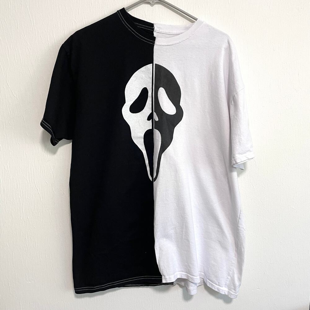 Scream Ghostface Mens Crew Neck T-Shirt Size XL Black White Split Face Halloween